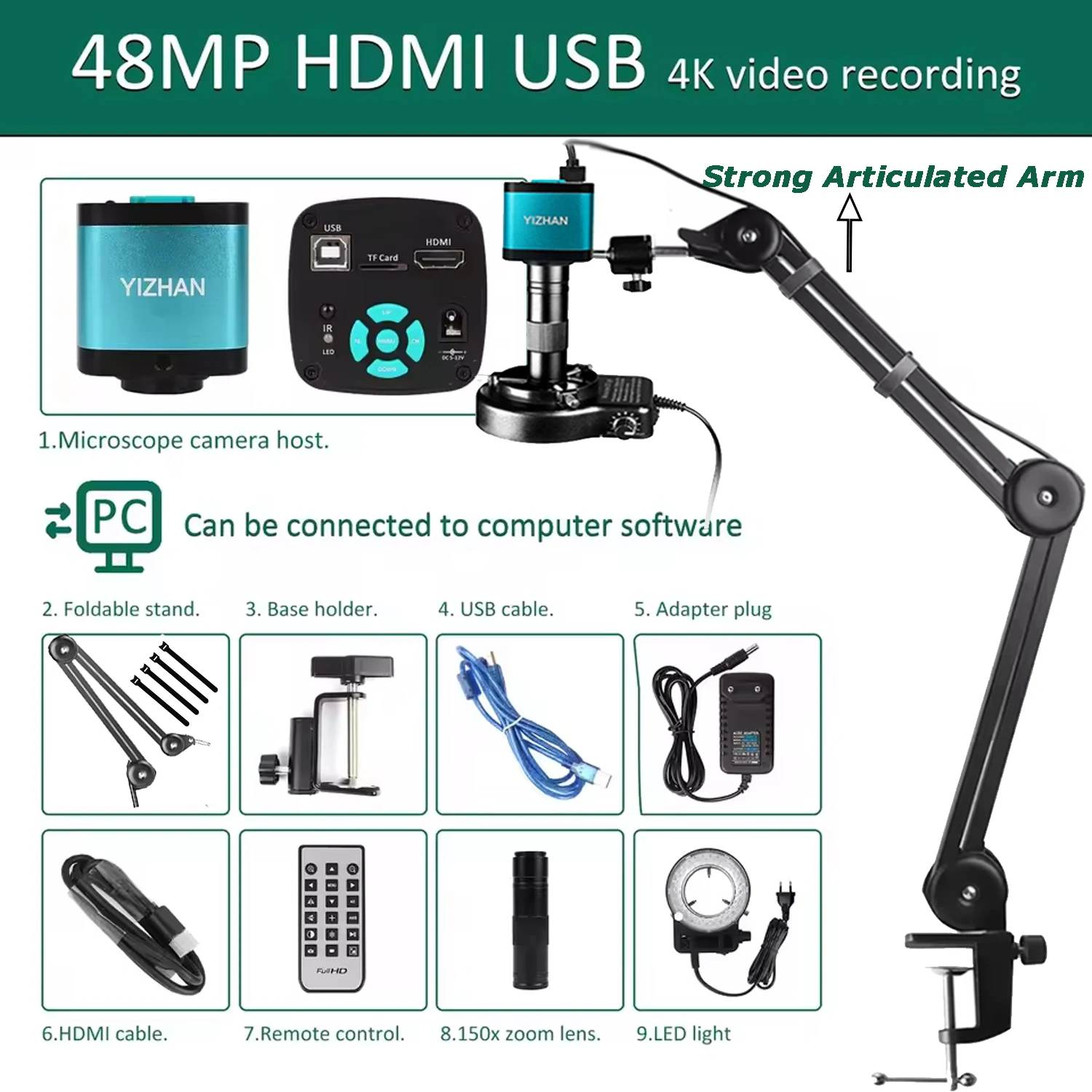 YIZHAN 48MP 4K Digitale Elektronische Microscoop Voor Solderen HD 1080P HDMI Camera USB Software 1-150x Lens upgrade Gelede Arm