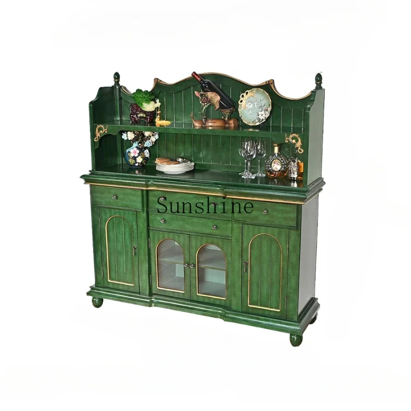 American country dining side cabinet solid wood against the wall kitchen rack wine cabinet retro green furniture