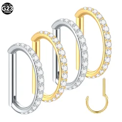 1PC Titanium Hinged Segment Ring D-Shape with Side Crystals 16G Septum Cartilage Helix Tragus Conch Rook Daith Earlobe Hoops