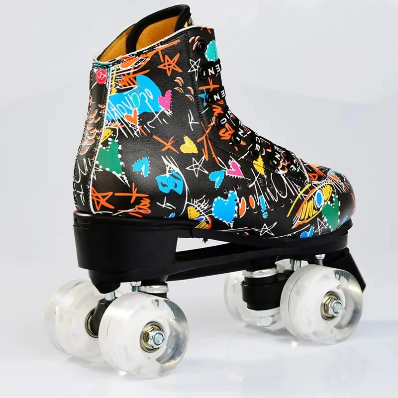 Graffiti Microfiber Roller Skates Shoes for Adult, Double Row, 4-Wheel, Flash Wheel, 2 Line, Quad Skating Sneakers, New