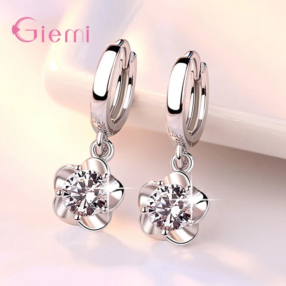 Fashion Simple 925 Sterling Silver Plum Blossom Pendant Necklace Earring for Women Girl Cubic Zircon Jewelry Sets Bijoux