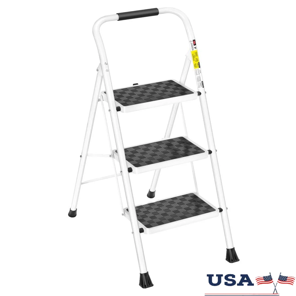 3-Step Folding Steel Ladder Stool Adults Wide Pedal Support Rod Design Cushioned Sponge Handle Non-Slip TPR Feet Compact Storage