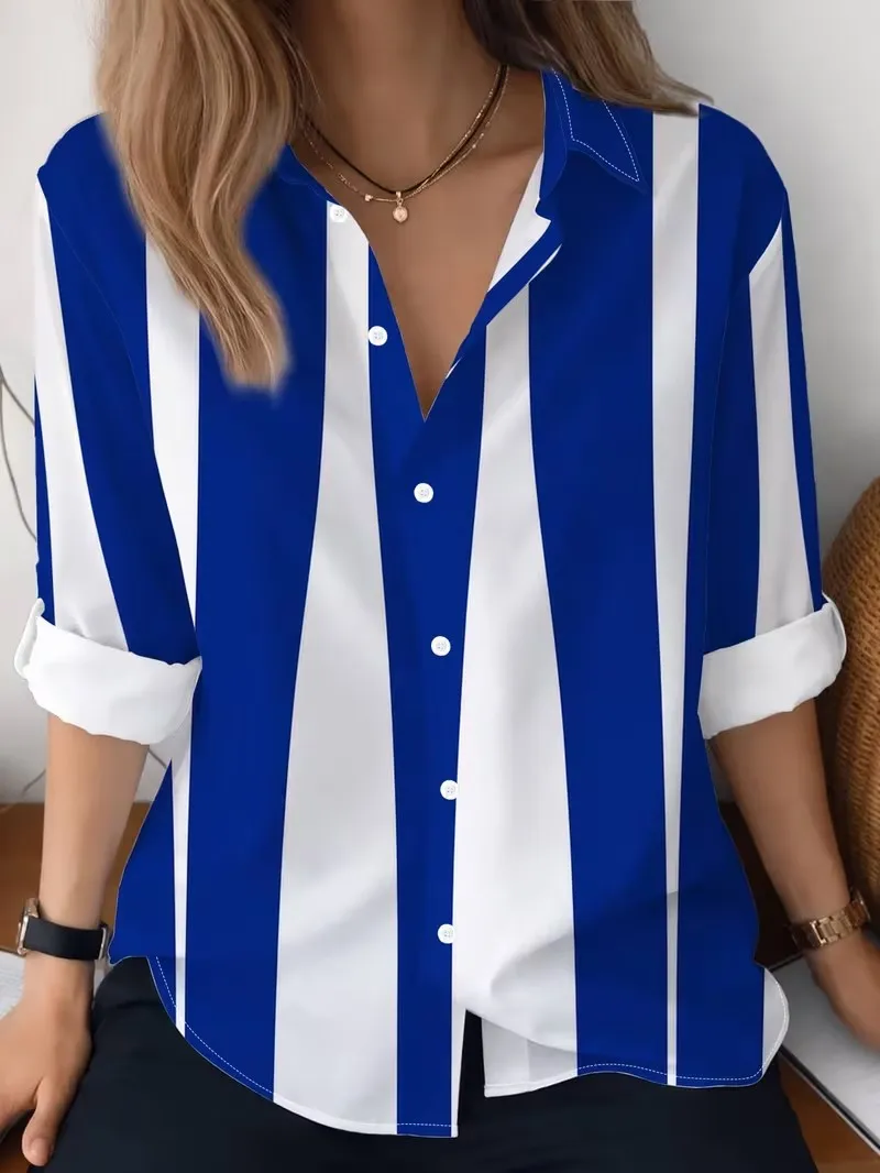 Women's long sleeved lapel button casual shirt, S-3XL plus size 3D gradient stripe printed shirt
