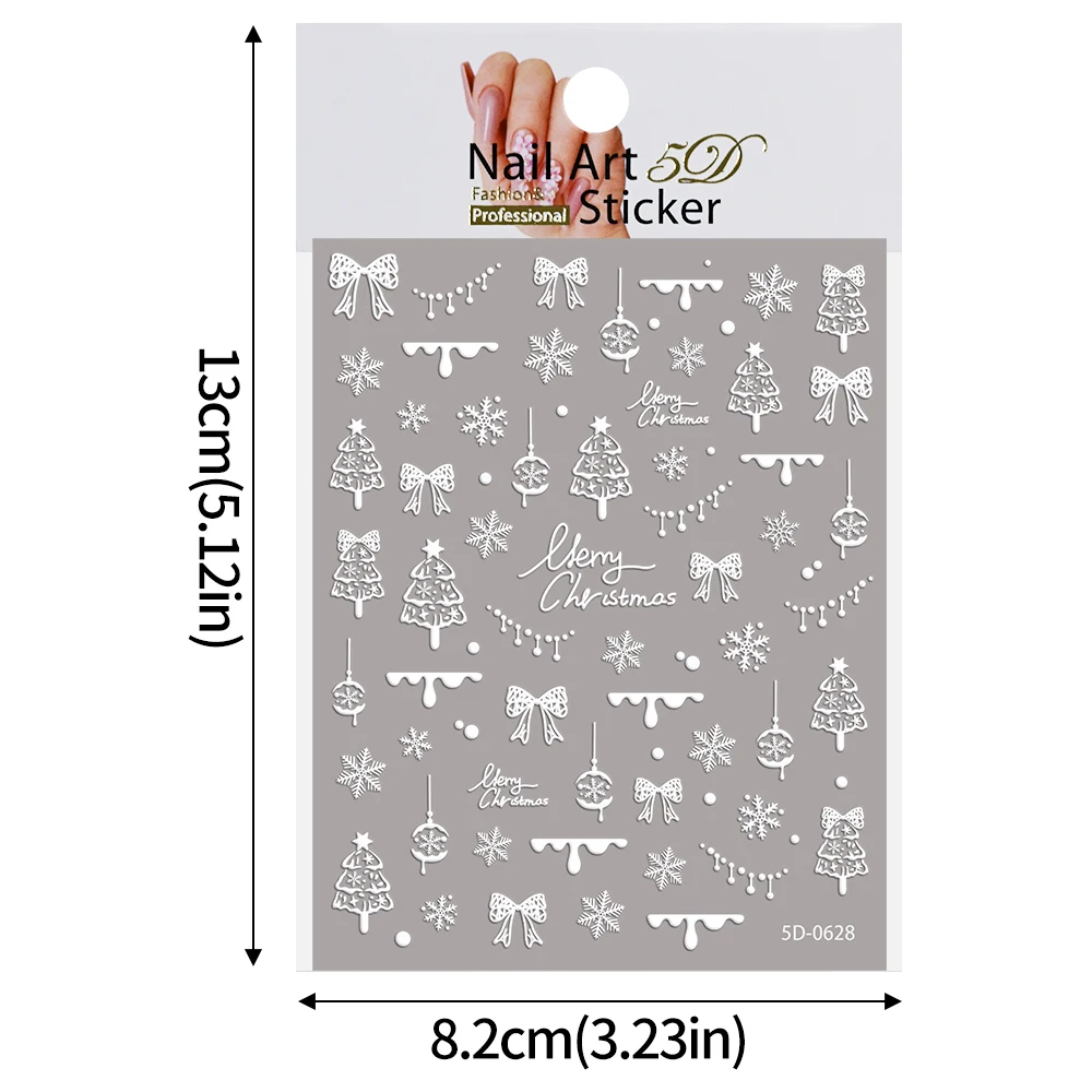 5D encaje blanco en relieve Navidad Nail Art pegatina copo de nieve árbol de Navidad calcomanías de uñas 10X8cm flor Bowknot pegatinas para uñas
