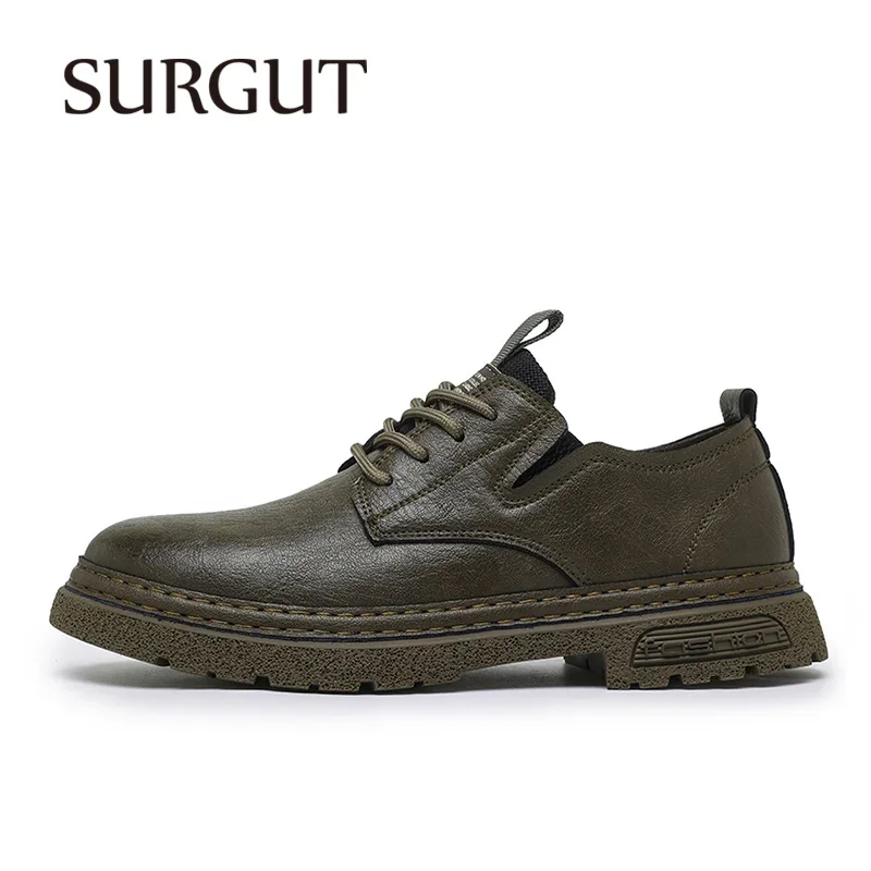 SURGUT Casual Shoes Men Genuine Leather Trend Fashion Comfortable Breathable Thickened Heel Soft Anti-Skid Rubber Sole Shoes