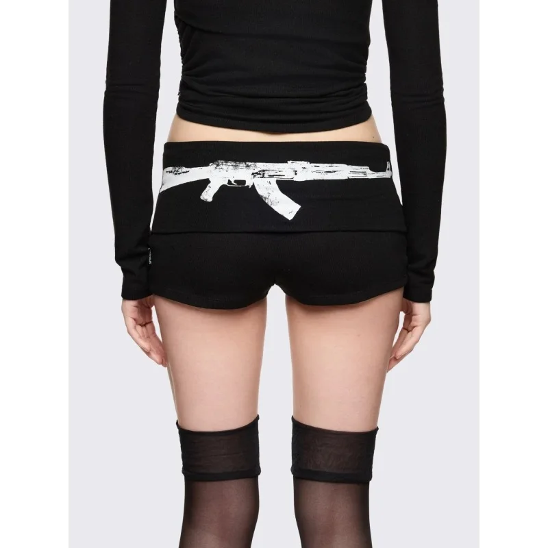 Y2K Dark Grunge Print Low-Rise Shorts, Fold-Over Waistband Ribbed Bodycon Hot Pants