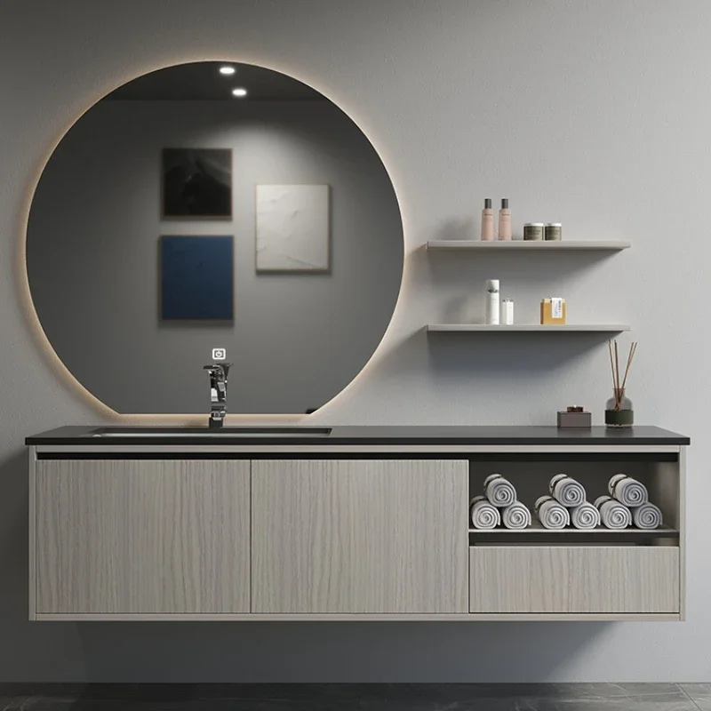 

bathroom cabinet combination modern light luxury solid wood hand wash basin bathroom round mirror single basin