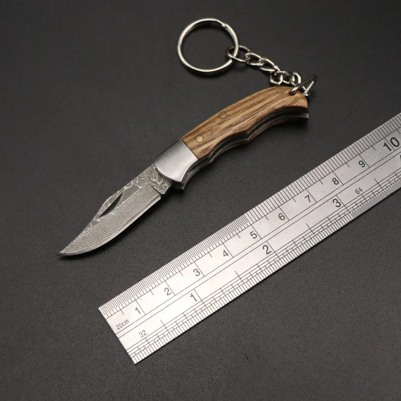 Damascus Steel Folding Knife Keychain with Safe Wood Handle, Mini Outdoor Pocket Cutting Tool, When Camping Daily Cut Easily