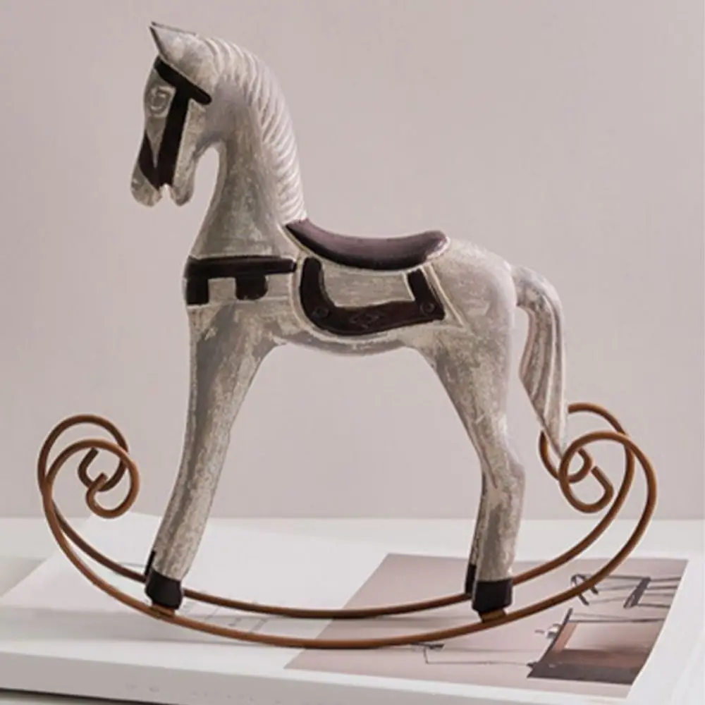 Creative Wooden Craft Rocking Horse Sculpture Cartoon Hand-carved Nordic Horse Figurine Simulation Animal Ornament Living Room