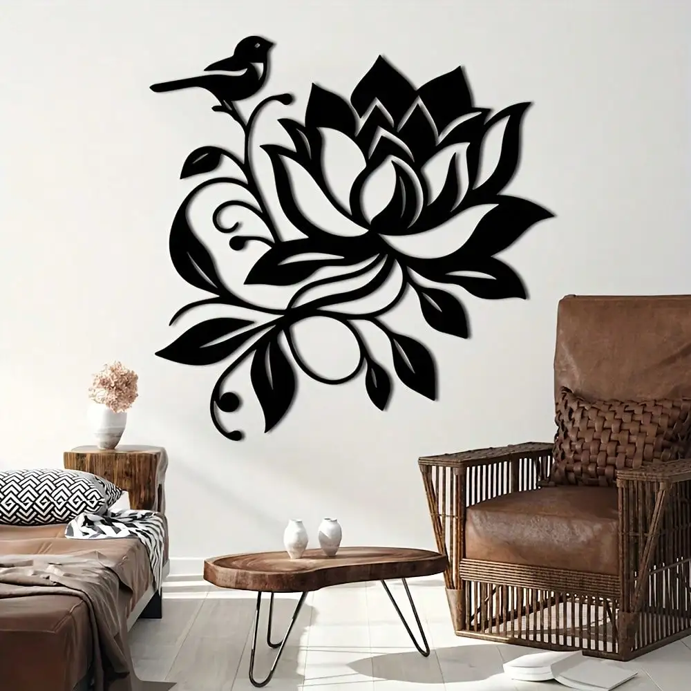 Elegant Lotus Bird Metal Wall Art, Black White Line Decor for Living Room Bedroom, Halloween Christmas New Year Thanksgiving Mot