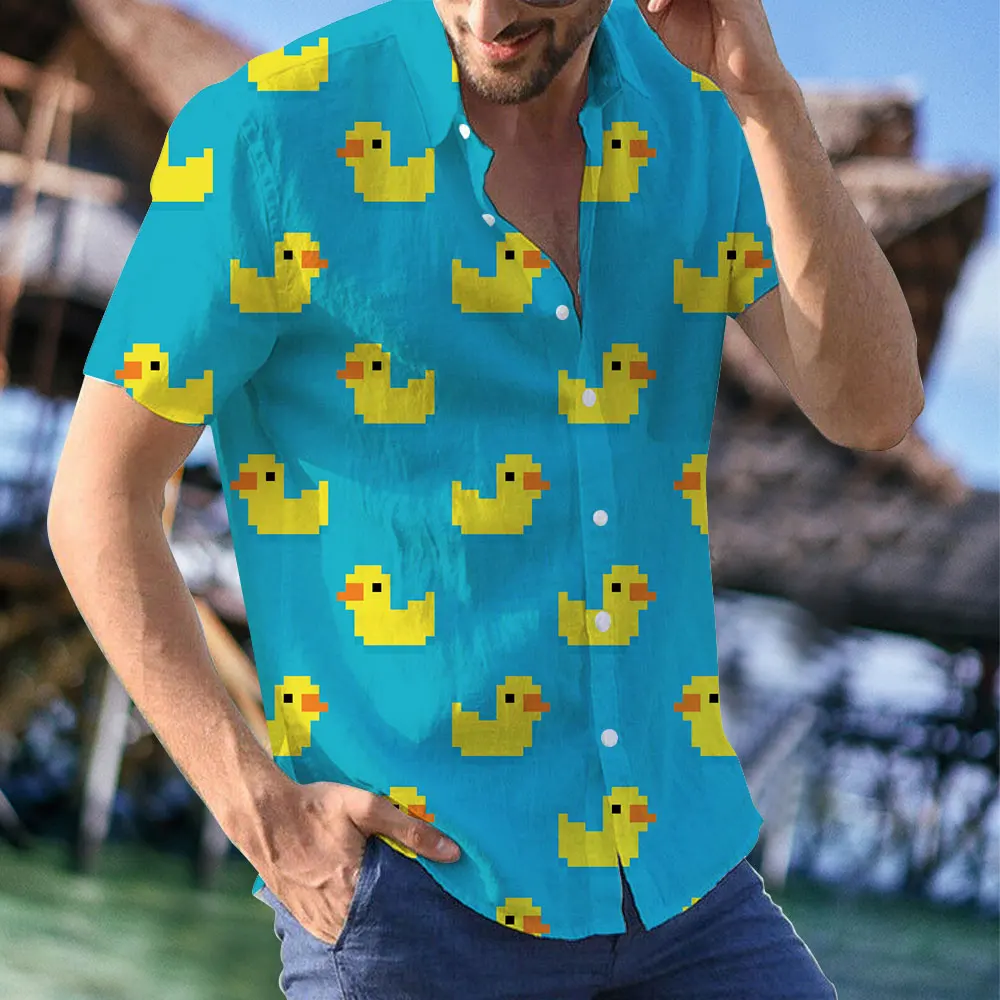 Camisa havaiana de manga curta masculina, camisa engraçada do pato dos desenhos animados, estampada em 3D, blusas de praia verão, casual roupas masculinas soltas, fofas