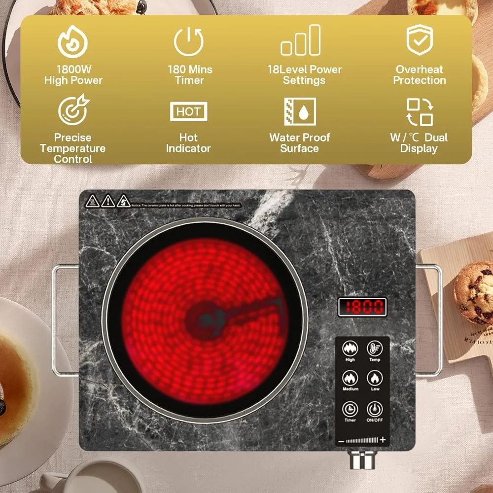 독일산 싱글 버너 세라믹 쿡탑, 휴대용 1800W 전기 스토브, 조리용 카운터탑 버너, 플러그인 주방 핫 플레이트