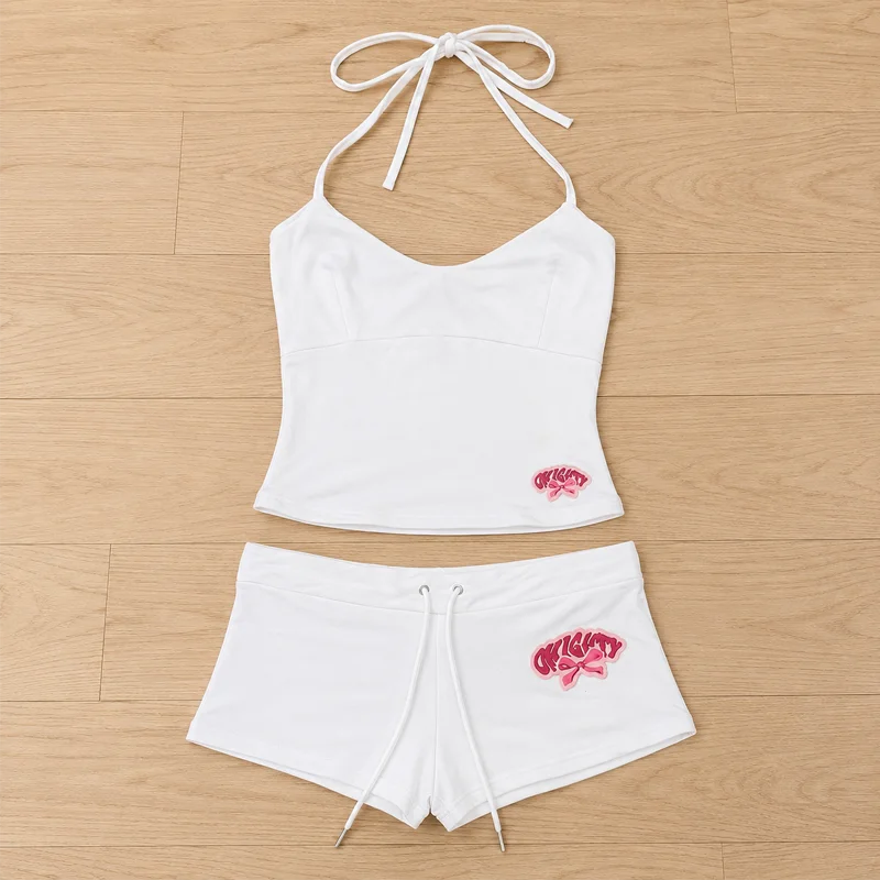 Damen 2-teiliges kurzes Set, Cami-Top, Shorts-Outfit, gerafftes Spaghetti-Träger-Crop-Top, lässiges Sommer-Matching-Set im Y2K-Stil – Detail 2