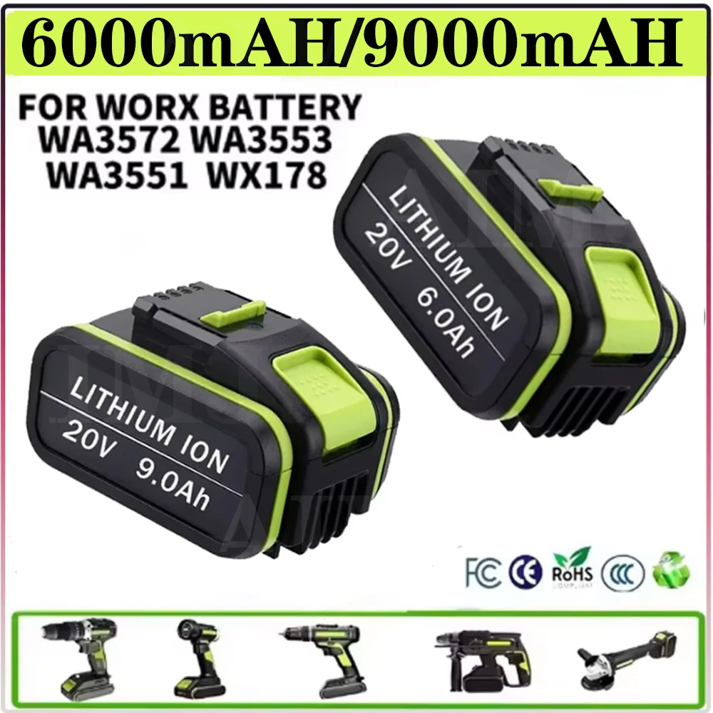 

20V 6000mAh/9000mAh Lithium Rechargeable Replacement Battery for Worx Power Tools WA3551 WA3553 WX390 WX176 WX178 WX386 WX678