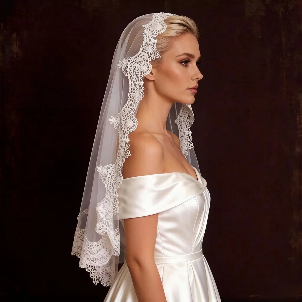 Elegant Lace Applique Edge Bridal Veil White Ivory Wedding Veil Whit Comb Classic Lace 1Layer Tulle Mantilla Wedding Veil G56