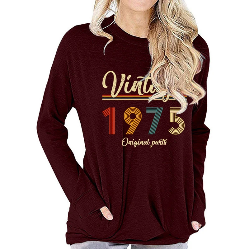 Vintage 1975 Original Woman T-shirts Classic Graphic Retro Birthday Gifts for Mom 49th Born 1975 Graphic Long-sleeved T-shirt