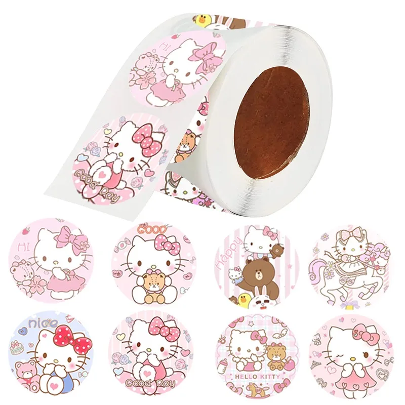 500 autocollants/rouleau, autocollants mignons de dessin animé Hello Kitty, autocollants décoratifs, autocollants de récompense, autocollants cadeaux