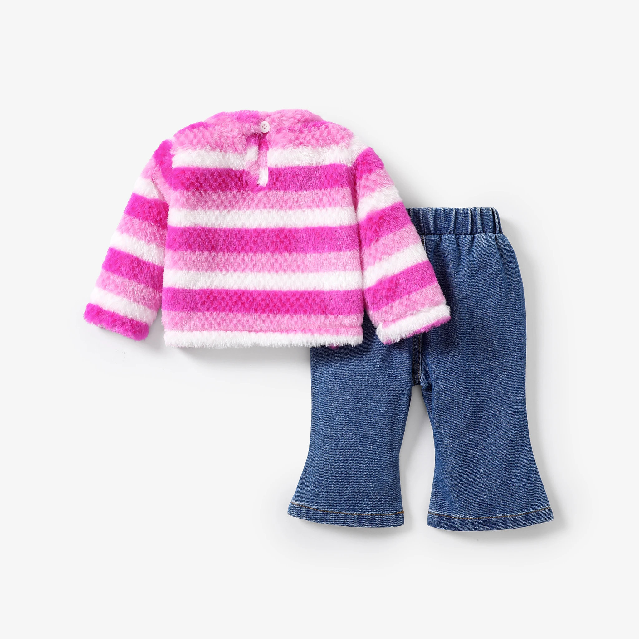 PatPat 2pcs Baby Girl Stripe Horn Edge Loose Fuzzy Colorblock Sweatshirt and Denim Flares Sets