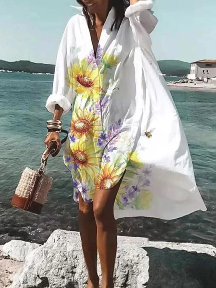 Hotcial Übergroßen Hemd Kleid Frauen Sommer Gedruckt Lange Hülse Lose Kleider Strand Party Vestidos Urlaub Sundressrobe