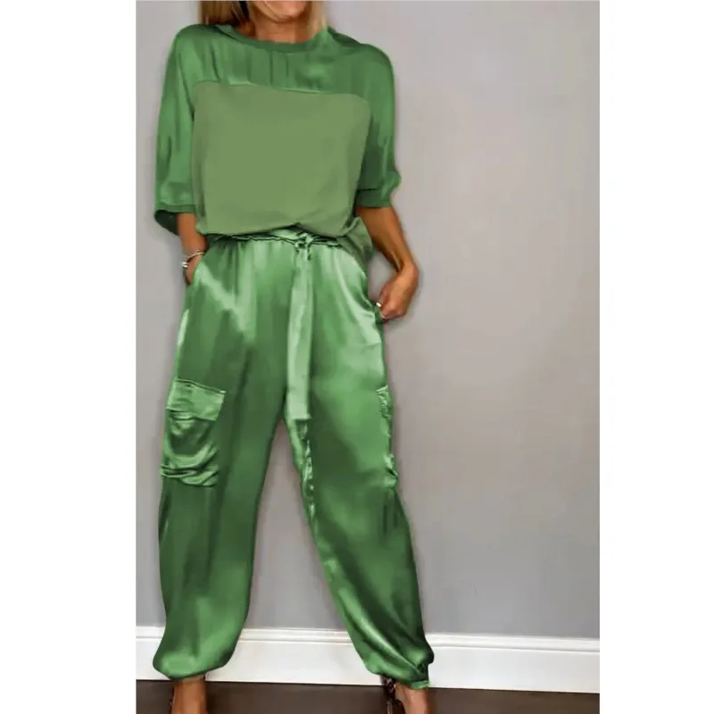 

For Women Spring Summer Fashion Solid Color Satin Two Piece Set New O Neck Long Sleeve Top Long Pants Casual Loose Two Piece Set