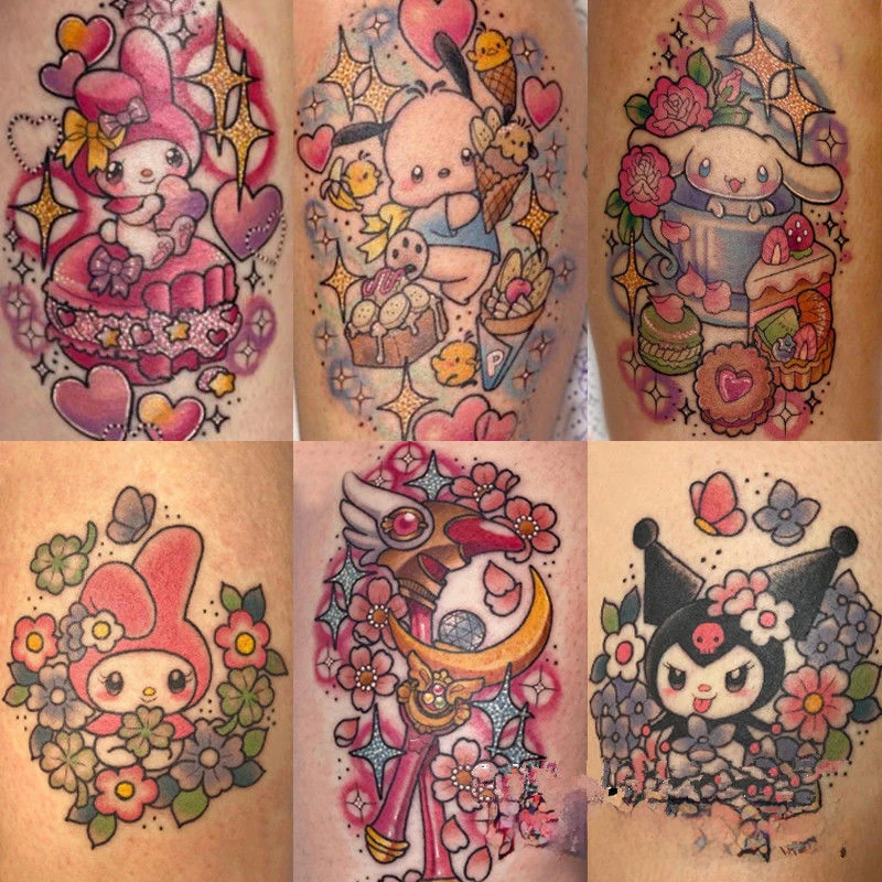 สติกเกอร์รอยสัก Cinnamoroll SANRIO Kuromi tattooing การ์ตูนอะนิเมะ paster กันน้ำและยาวนานดอกไม้แขนของขวัญสักศิลปะ