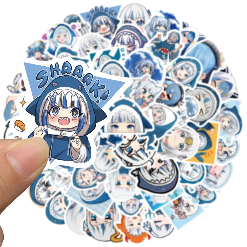 Pegatinas de Anime de Chibi Gawr Gura Blue Shark Girl Meme Para maleta, portátil, Ipad, guitarra, Skateboard, venta al por mayor, 10/30/50 piezas