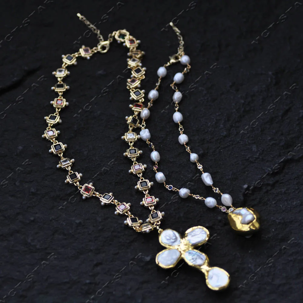 

Z14461 2Strands White Baroque Pearl Multicolor Zircon CZ Chain Necklace Coin Pearl Cross Pendant