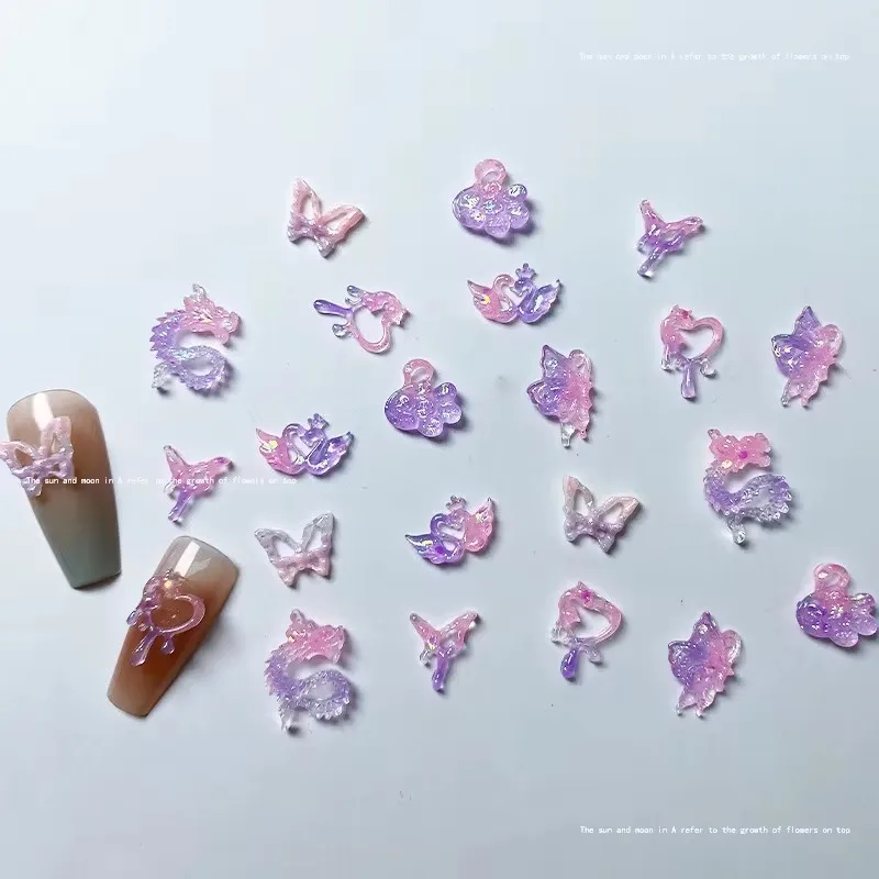 10 stücke leuchtende Liebe Drachen Schmetterling 3d Harz Nagel Charms Bulk Kawaii Zubehör rosa lila Nail Art Dekorationen liefern Teile