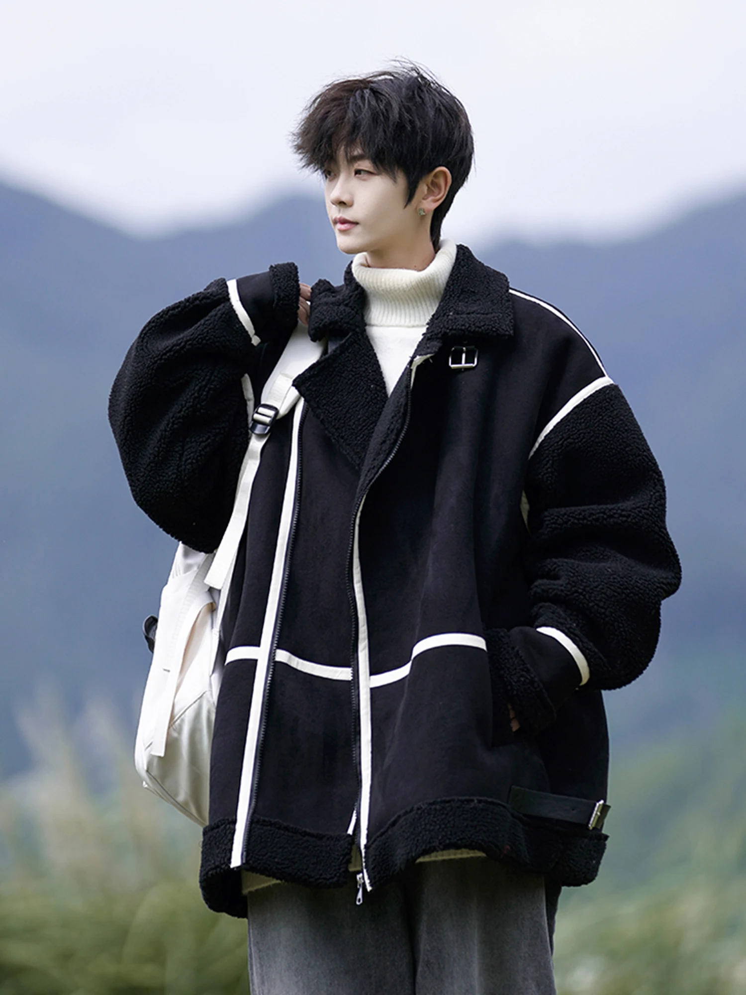 

VUUG Men's Thiened Warmth Lamb Velvet Jaet Fur Leather Inteated Winter Coat Trendy Brand Youthful Sle Pure Color