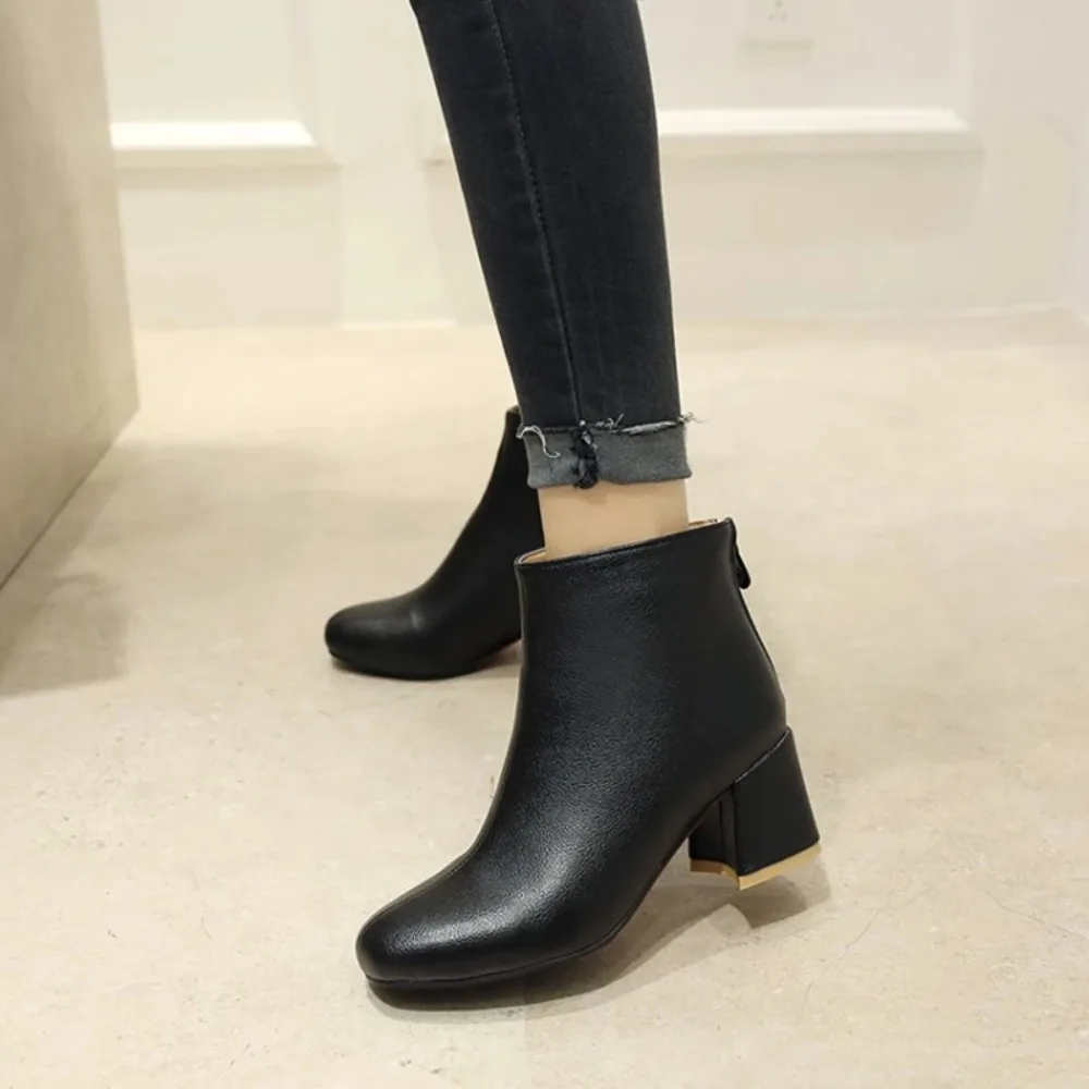 Autumn Winter Thick High Heels Zipper Sexy Womens Boots Feminina SquareToe Faux Leather White Ankle Boot Big size 32-46 17-24