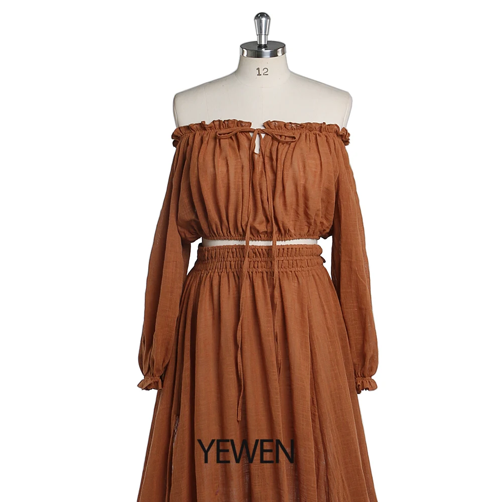 Conjunto de dos piezas de vestido de lino bohemio con hombros descubiertos, vestidos de noche de manga larga para traje de fotografía YEWEN YD 211229