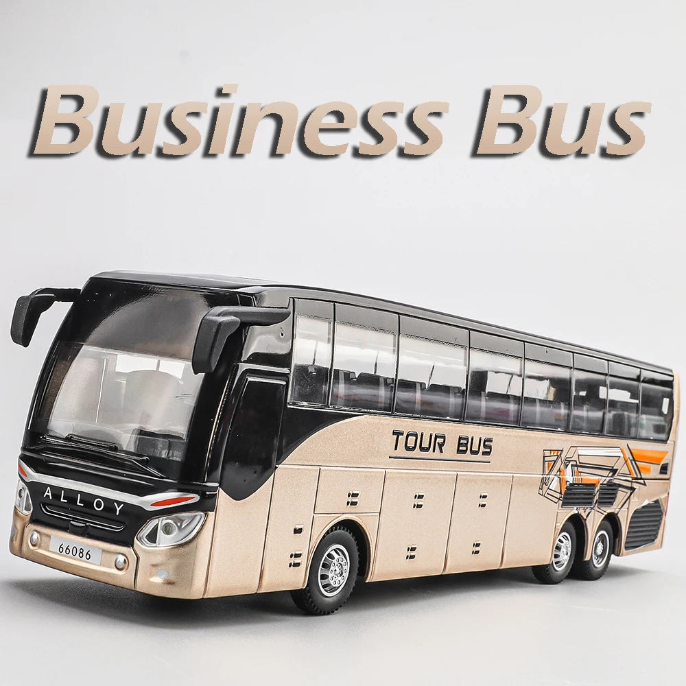 Modelo de brinquedo em escala 1:30, ônibus de longo distância, dois andares, metal fundido, modelos em miniatura, som, luz, portas abertas, puxar para trás para crianças