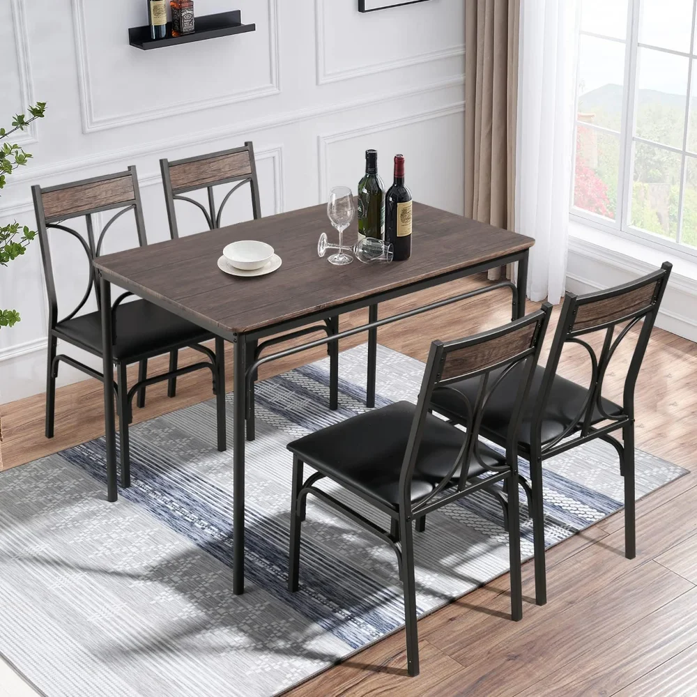 VECELO-Kitchen Dining Room Table, 4 cadeiras para apartamento pequeno espaço, armação de aço de metal, conjunto de 5 peças, marrom