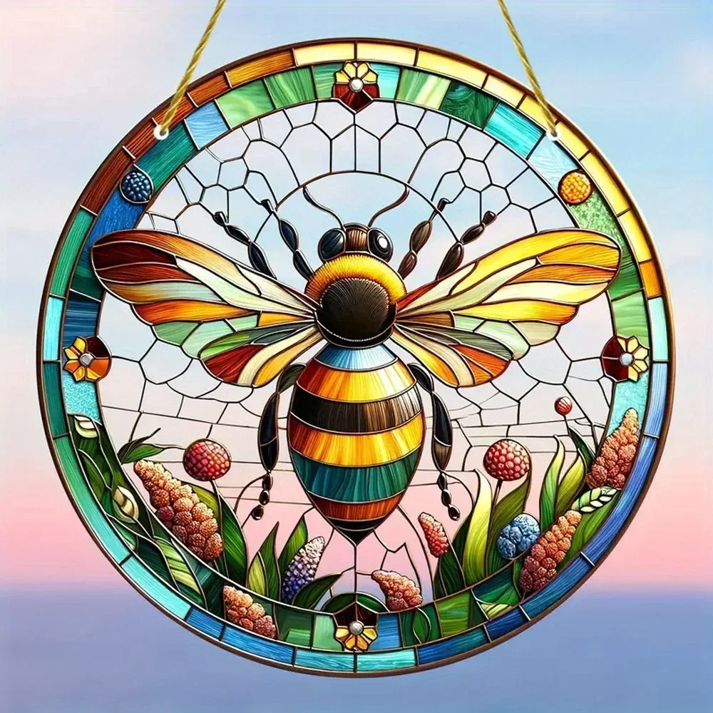 Colorful Bumble Bee Flower Stained Glass Effect Round Acrylic Hanging Plaque