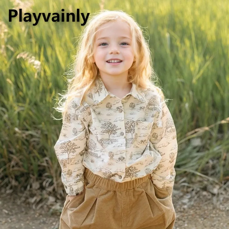 

2025 New Kids Shirt Long Sleeve Cotton Shirt Boy Girl Retro Print Turn-down Collar Tops Children Clothes for Spring Autumn A5937