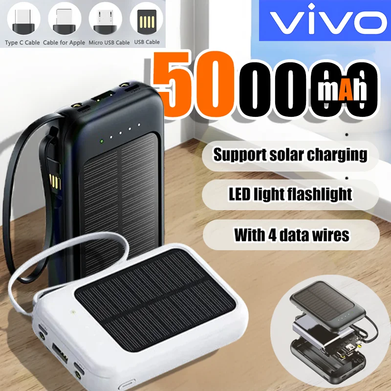 VIVO 50000mAh High Capacity Solar Power Bank Built Cables Solar Charger 2 USB Ports External Charger Powerbank LED Light NEW