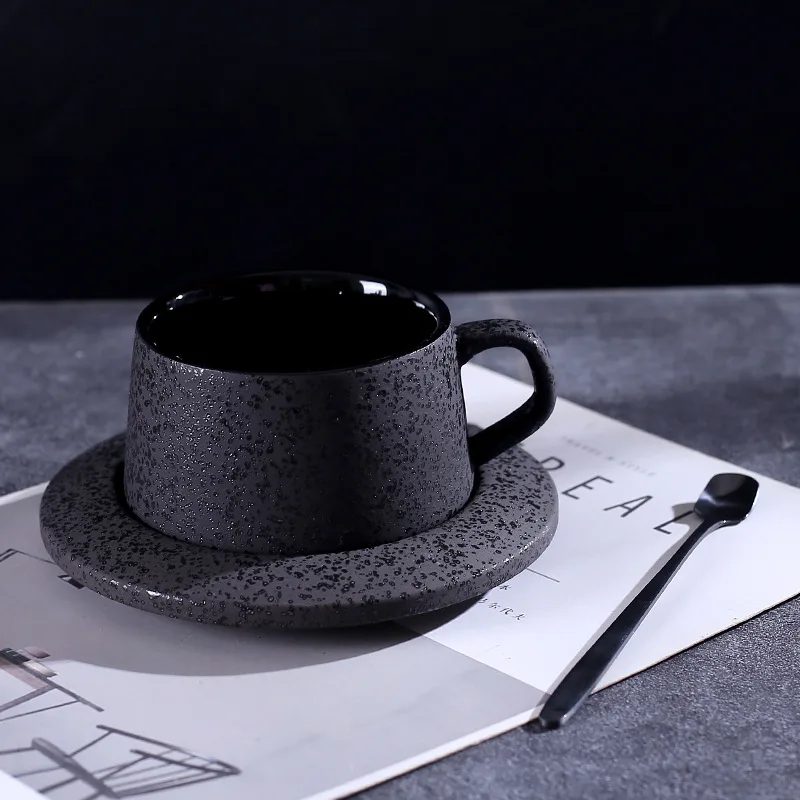 Vintage High-end Black Matte Black Ceramic Coffee Cup and Sauce Set Oatmeal Breakfast Water Coffee Milk Tea Cup