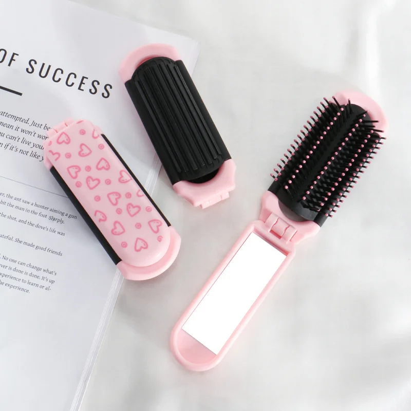 Pente de cabelo dobrável portátil, cabelo liso, bonito, estampa de desenho animado, pentes de almofada de ar 2 em 1, pente integrado e pente de massagem de cabeça espelhada
