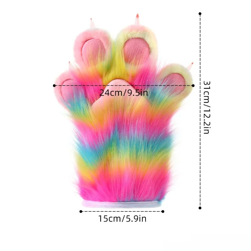 Rainbow Furry Cat Claw Gloves Beast Paw Mittens with Nail Kig Fursuit Kigurumi Halloween Party Anime Carnival Cosplay Costumes