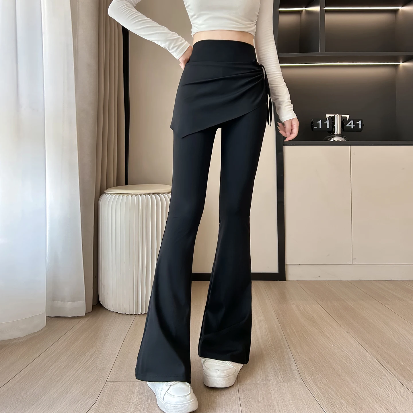 

High Waist Yoga Pants Women's Spor Faux Two-Piece Skirt Tight Anti-Light Bell Bot Fitn Trousers Butt Lifting