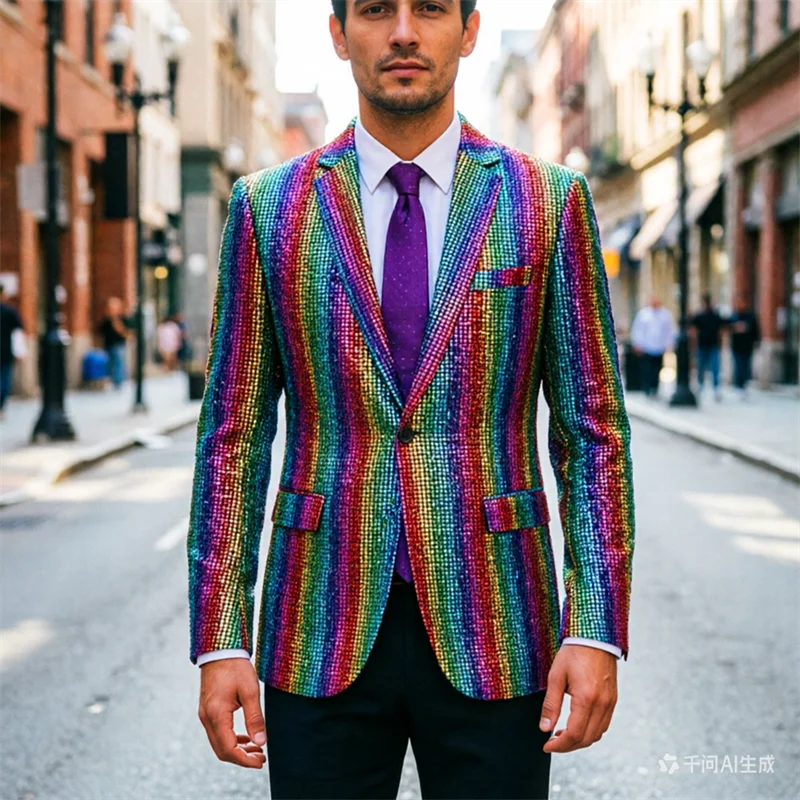 Rainbow Colored Elastic Men's Suit Jacket,wedding Partyperformance Jacket,square Grid Glossy Decorative Jacket,European Size Top