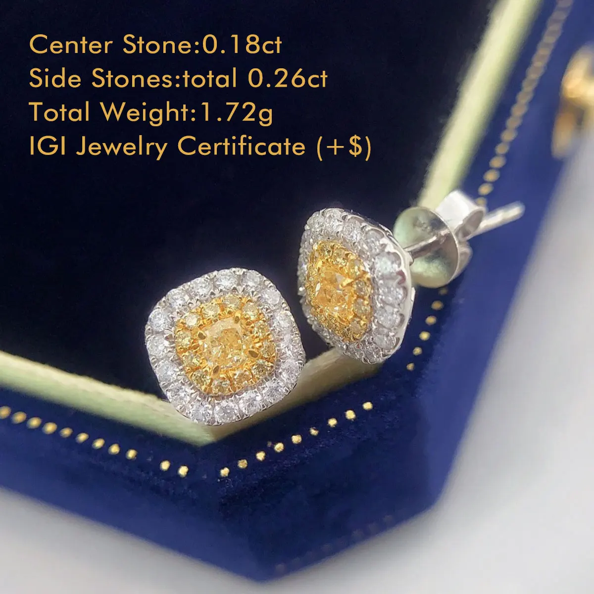 18K White Gold Cushion Halo Diamond Stud Earrings Cushion Cut Natural Yellow Diamond Double Halo Genuine Diamond Earrings