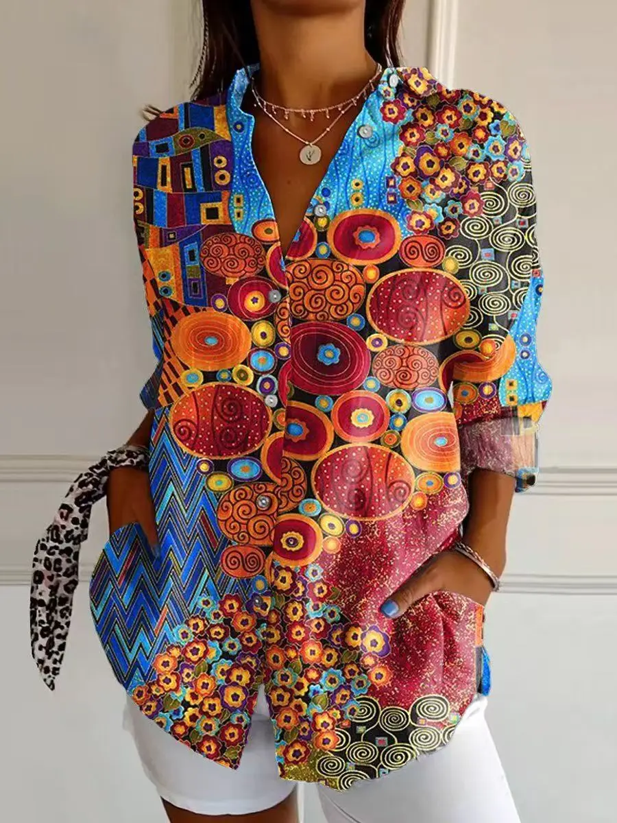 Camisa artística estampada a la moda para mujer, camisa informal para mujer, camisa holgada con botones rectos para mujer, Tops