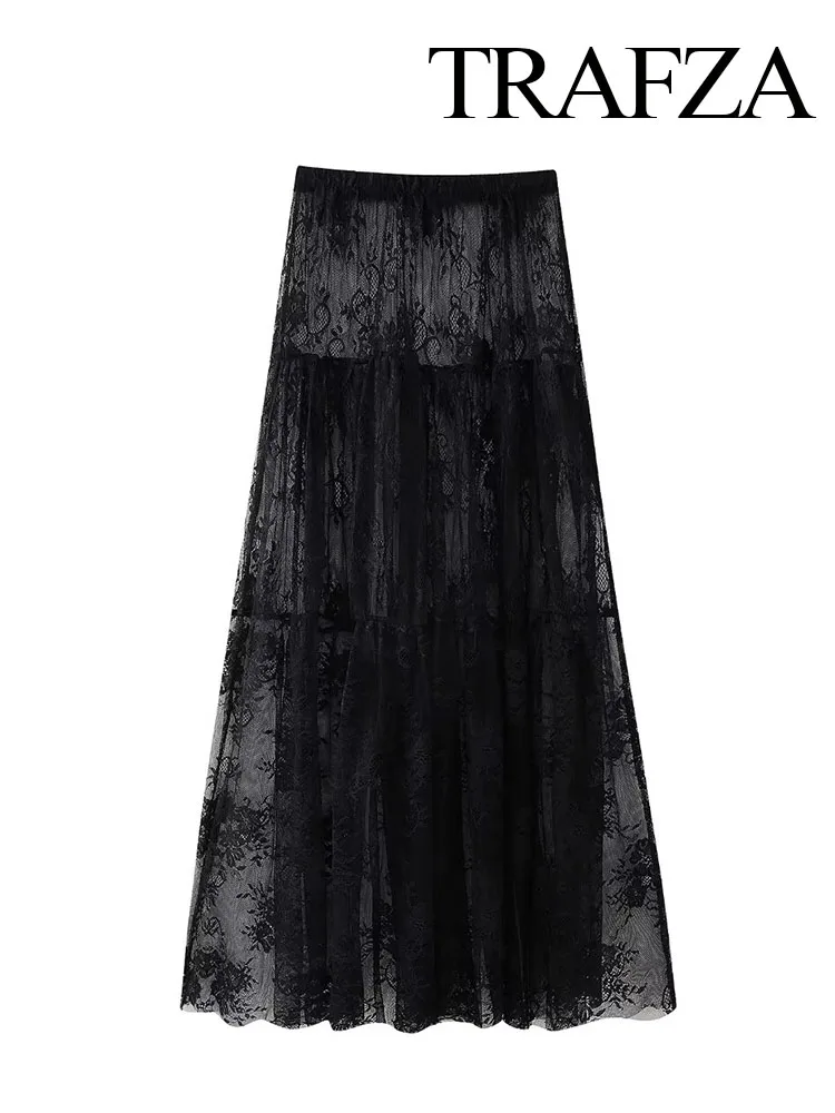 

TRAFZA Women Summer Chic Elastic Waist Black Print Decoration Loose Slim Gauze Long Skirt New Fashion Beach Party Dress Mujer