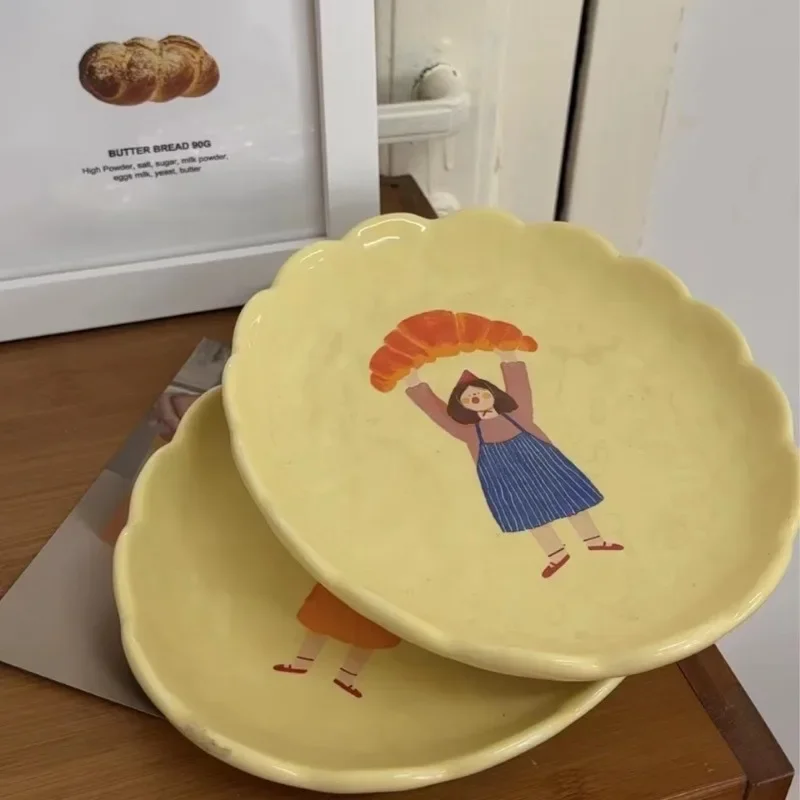 1 Pcs Ceramic Lace Milk Yellow Cartoon Bread Girl Flat Plate Ins Wind Dessert Plate 8 Inch Kitchen Household Тарелки Для Еды