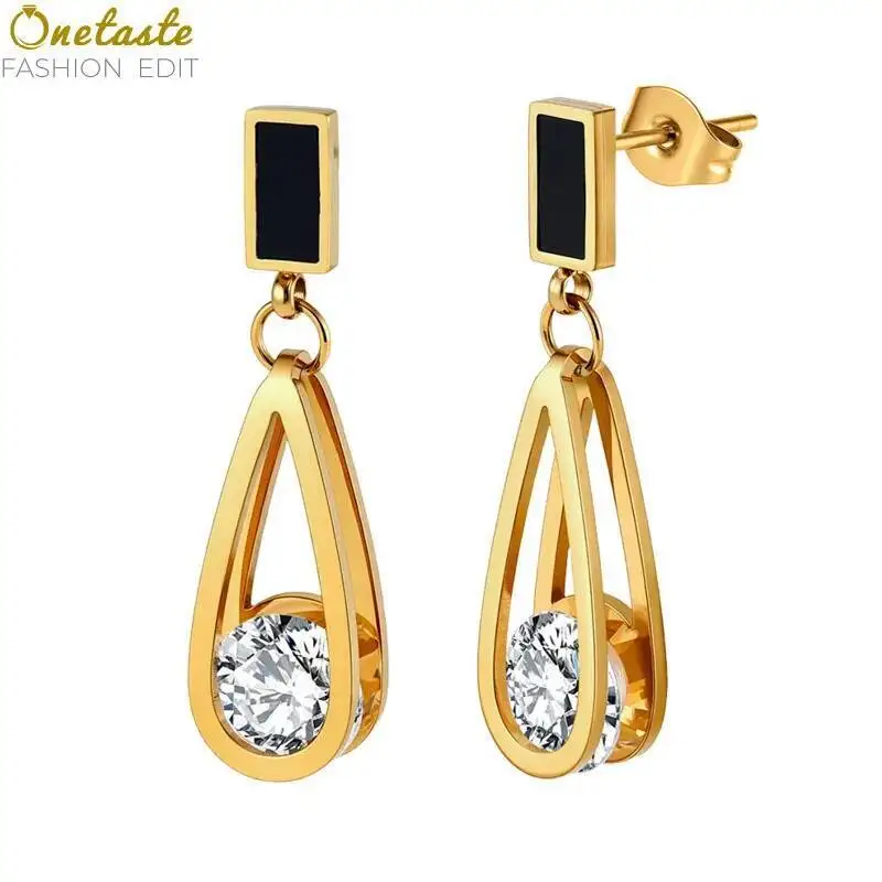 

Silver Golden Color Stainless Steel Cubic Zirconia Hollow Teardrop Charm Dangle Drop Earrings Women Fashion Geometric Earring