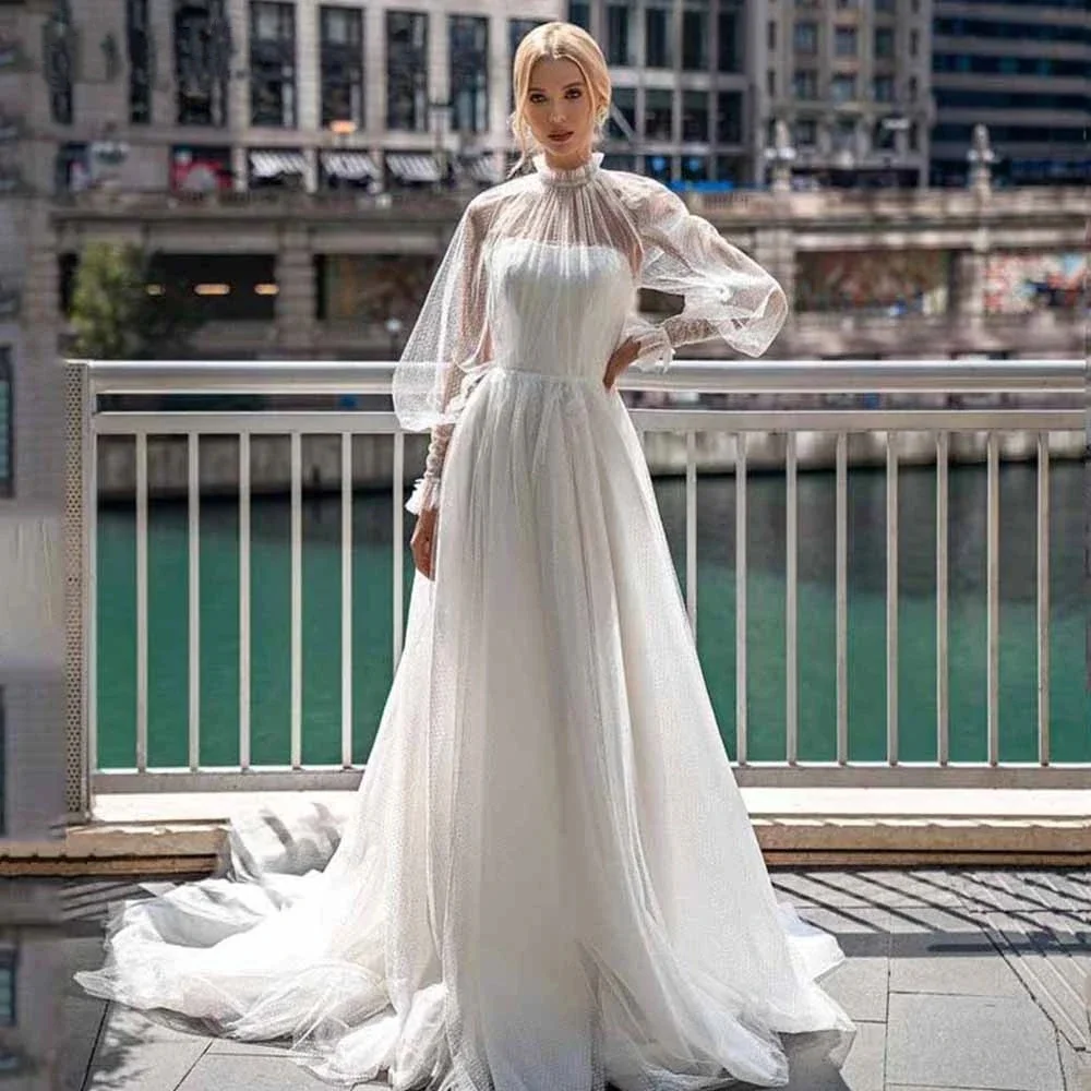 

Luxury Bohemian Wedding Dress A-Line High Neck Lace Tulle Beach Bridal Gown Long Sleeves Sweep Train Robe Custom De Mariée