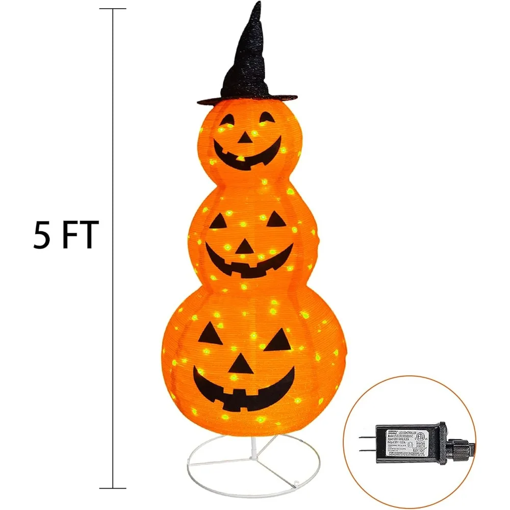 Halloween Collapsible Pumpkin Decorations, Pre-Lit Light Up Pumpkin with Hat, Pop Up Jack-o-Lantern with Metal Stand for Indoor