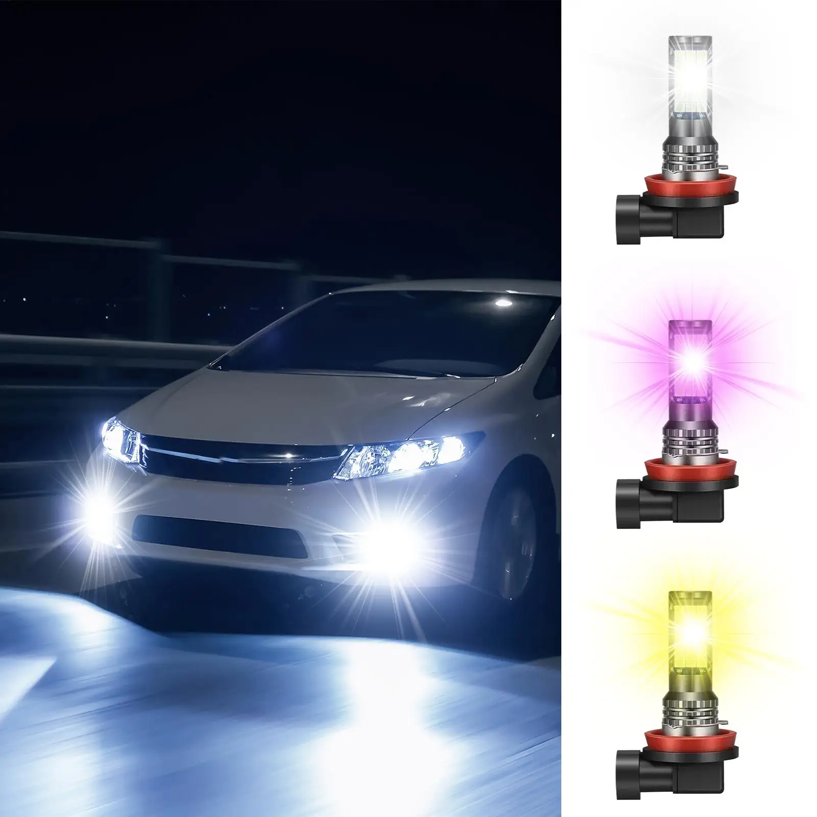 Car Led Fog Lamp with Flashing white Pink Purple Yellow Super Bright H8 H11 H16 Modified Three-Color Fog Lamp Bulb car Headlamp
