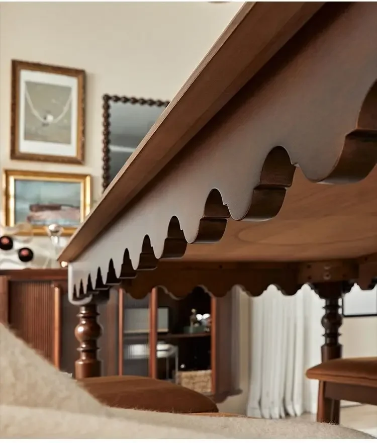 Retro solid wood square dining table Household black walnut French dining table